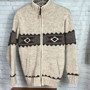 Laundromat 100% wool Cardigan Navajo heavier knit full zip fleece lining Large